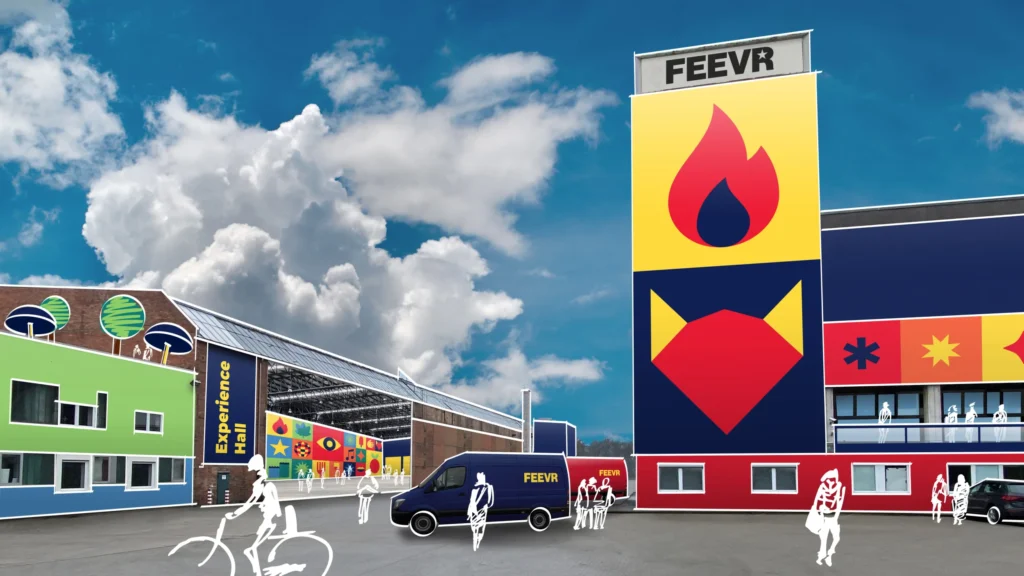 Leasing - Feevr 2 Bunte Industriegebäude mit FEEVR-Logo, Wolkenhimmel und Menschen in der Umgebung.